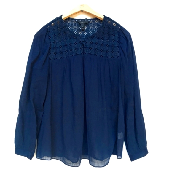 J. Crew navy blue embroidered sheer peasant blouse size 8, long sleeve lightwt - Picture 1 of 4